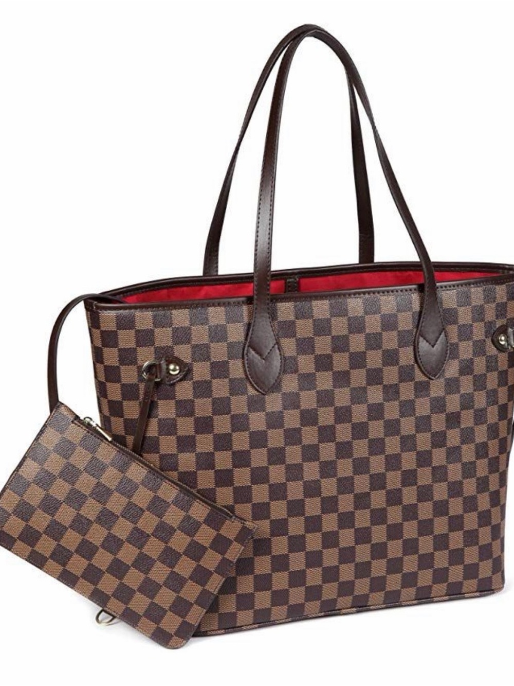 Daisy Rose Brown Checkered Tote with Red Interior and Matching Pouch